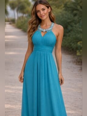 City Studio Dress Womens Size 1 Teal Maxi Gown Beaded Neck Empire Waist